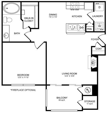 Floor plan for 1 bed, 1 bath, 692 sqft