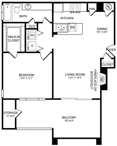Floor plan for 1 bed, 1 bath, 700 sqft