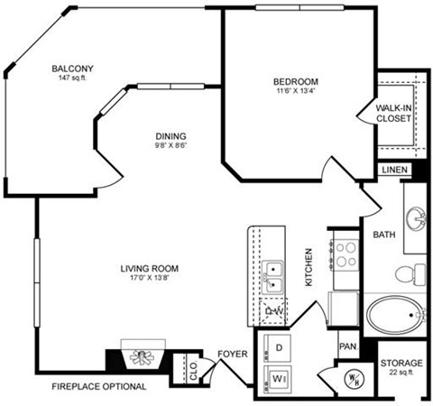 Floor plan for 1 bed, 1 bath, 761 sqft