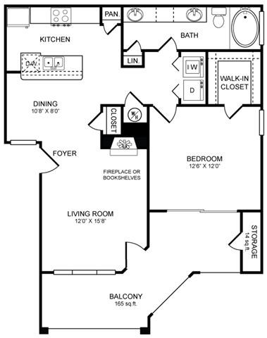 Floor plan for 1 bed, 1 bath, 785 sqft