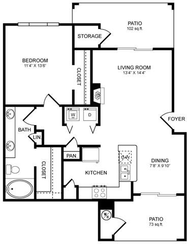 Floor plan for 1 bed, 1 bath, 820 sqft