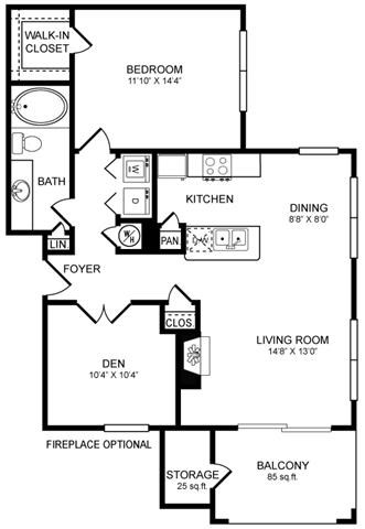 Floor plan for 1 bed, 1 bath, 912 sqft