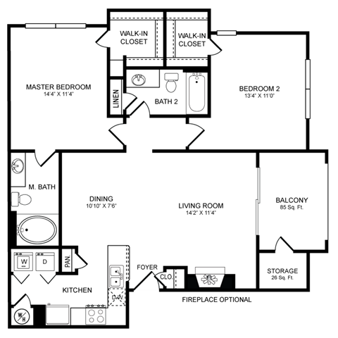 Floor plan for 2 beds, 2 baths, 1062 sqft