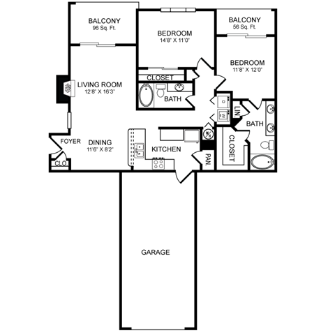 Floor plan for 2 beds, 2 baths, 1158 sqft