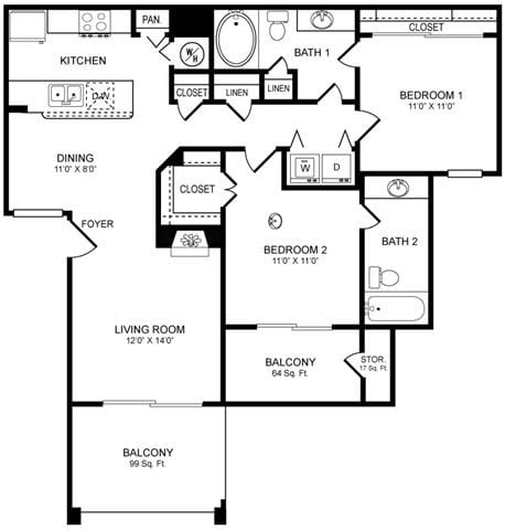 Floor plan for 2 beds, 2 baths, 1022 sqft