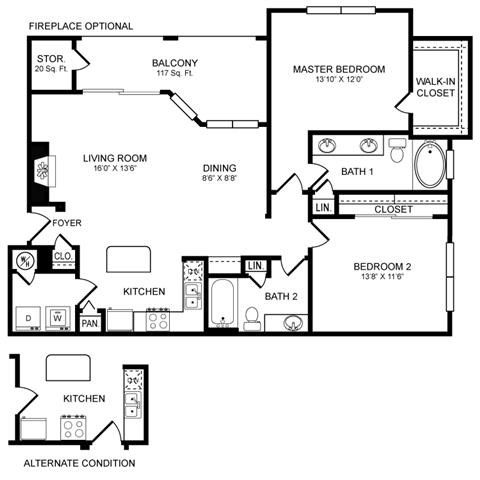 Floor plan for 2 beds, 2 baths, 1190 sqft