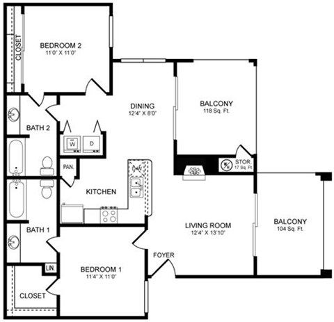 Floor plan for 2 beds, 2 baths, 952 sqft