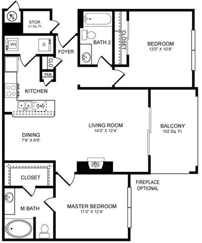 Floor plan for 2 beds, 2 baths, 990 sqft