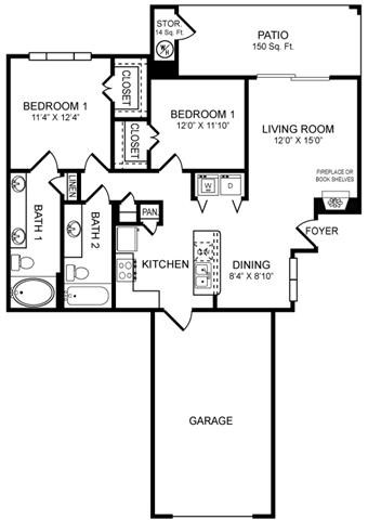 Floor plan for 2 beds, 2 baths, 995 sqft