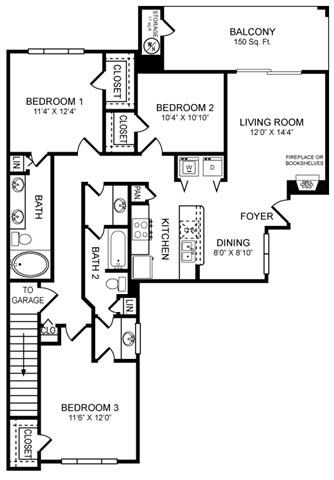 Floor plan for 3 beds, 2 baths, 1284 sqft