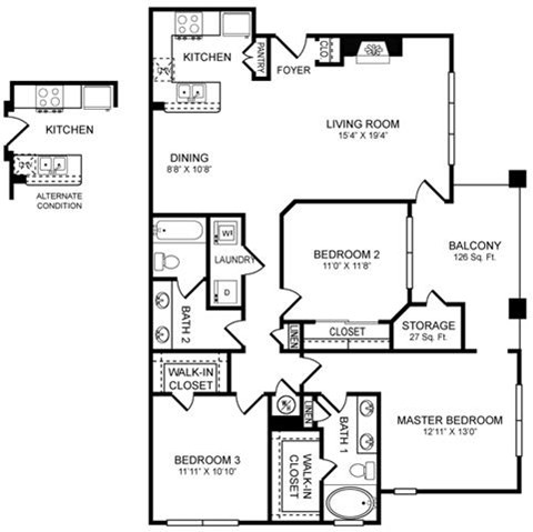 Floor plan for 3 beds, 2 baths, 1362 sqft