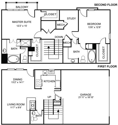 Floor plan for 2 beds, 2.5 baths, 1436 sqft