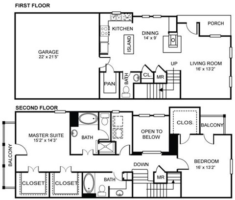 Floor plan for 2 beds, 2.5 baths, 1719 sqft