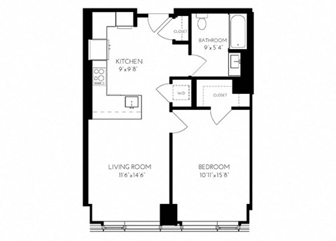 Floor plan for 1 bed, 1 bath, 740 sqft