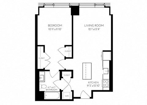 Floor plan for 1 bed, 1 bath, 721 sqft