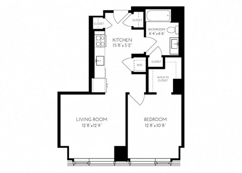Floor plan for 1 bed, 1 bath, 660 sqft