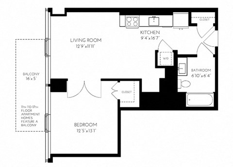 Floor plan for 1 bed, 1 bath, 653 sqft