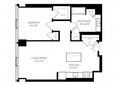 Floor plan for 1 bed, 1 bath, 822 sqft
