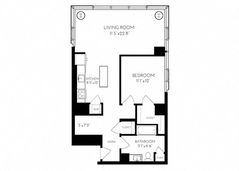 Floor plan for 1 bed, 1 bath, 906 sqft