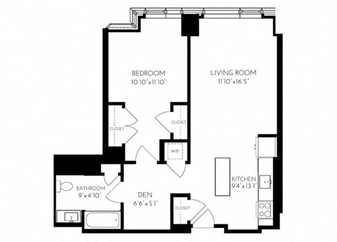 Floor plan for 1 bed, 1 bath, 815 sqft