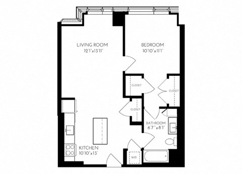 Floor plan for 1 bed, 1 bath, 750 sqft