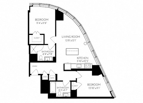 Floor plan for 2 beds, 2 baths, 1032 sqft