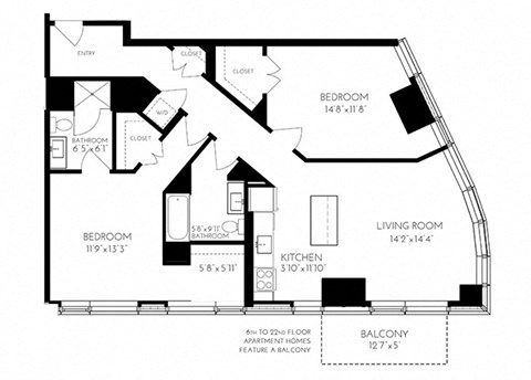 Floor plan for 2 beds, 2 baths, 1245 sqft