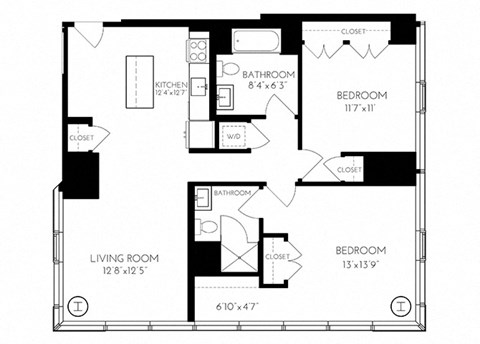 Floor plan for 2 beds, 2 baths, 1112 sqft