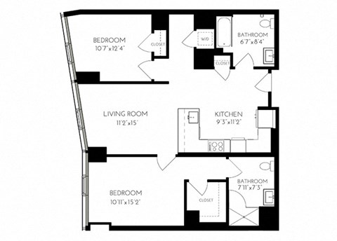Floor plan for 2 beds, 2 baths, 1090 sqft
