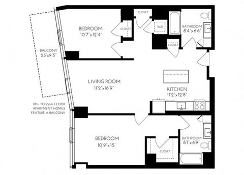 Floor plan for 2 beds, 2 baths, 1090 sqft
