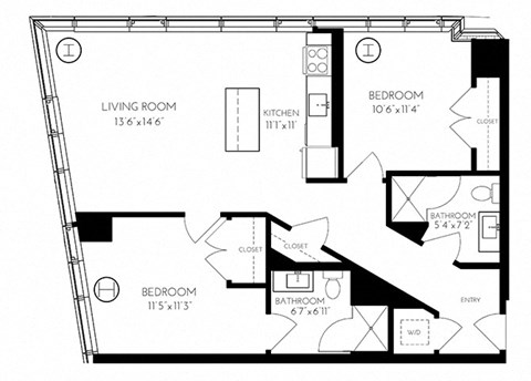 Floor plan for 2 beds, 2 baths, 997 sqft