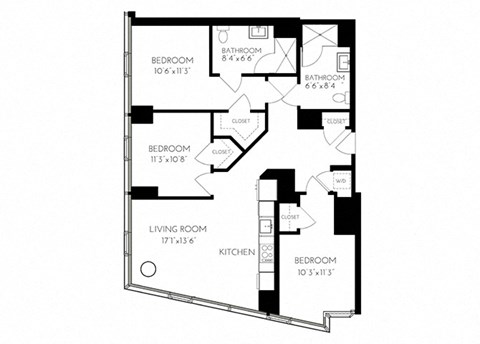 Floor plan for 3 beds, 2 baths, 1246 sqft