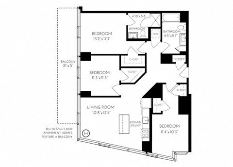 Floor plan for 3 beds, 2 baths, 1246 sqft