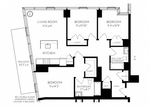 Floor plan for 3 beds, 2 baths, 1234 sqft