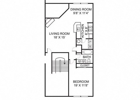 Floor plan for 1 bed, 1 bath, 818 sqft