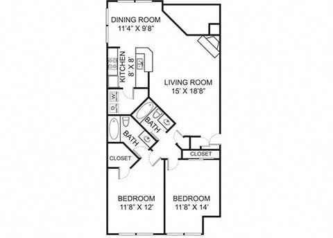 Floor plan for 2 beds, 2 baths, 1088 sqft