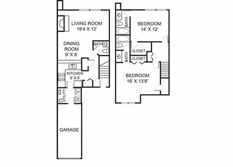 Floor plan for 2 beds, 2.5 baths, 1275 sqft