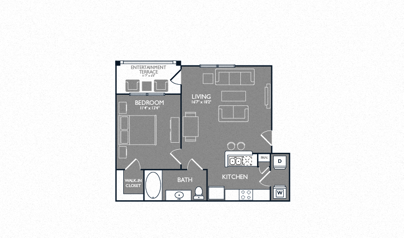 Floor plan for 1 bed, 1 bath, 652 sqft