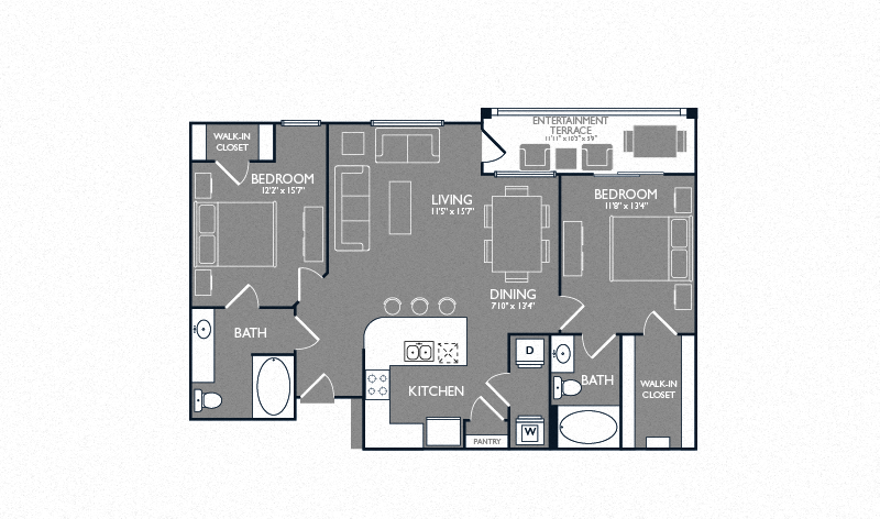 Floor plan for 2 beds, 2 baths, 1043 sqft