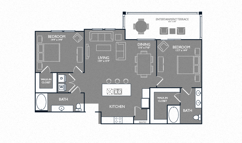 Floor plan for 2 beds, 2 baths, 1278 sqft