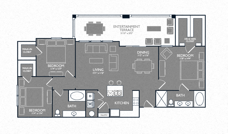 Floor plan for 3 beds, 2 baths, 1550 sqft