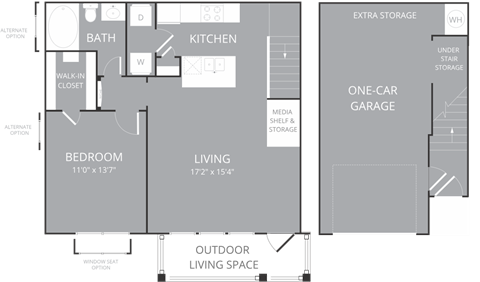 Floor plan for 1 bed, 1 bath, 806 sqft