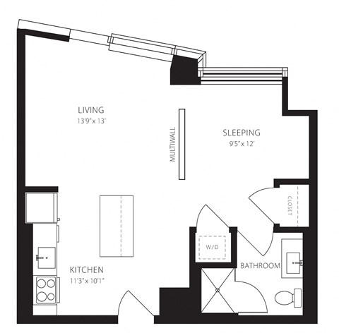 Floor plan for 1 bed, 1 bath, 588 sqft
