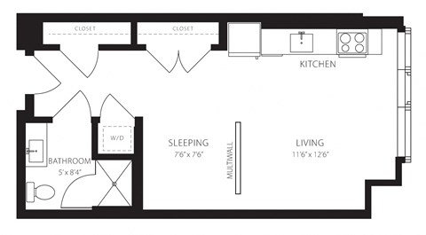 Floor plan for 1 bed, 1 bath, 514 sqft