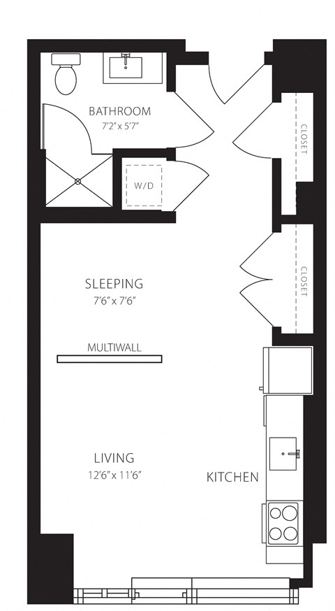 Floor plan for 1 bed, 1 bath, 491 sqft