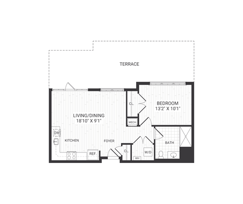 Floor plan for 1 bed, 1 bath, 692 sqft