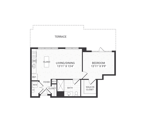 Floor plan for 1 bed, 1 bath, 730 sqft