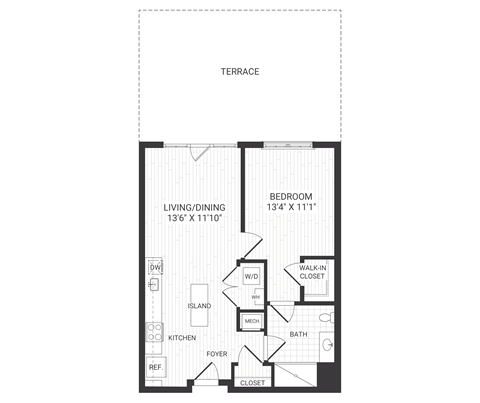 Floor plan for 1 bed, 1 bath, 732 sqft