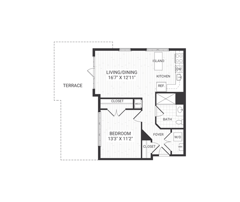 Floor plan for 1 bed, 1 bath, 734 sqft