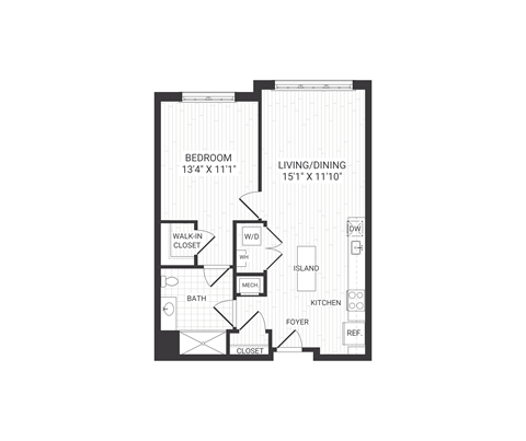 Floor plan for 1 bed, 1 bath, 752 sqft